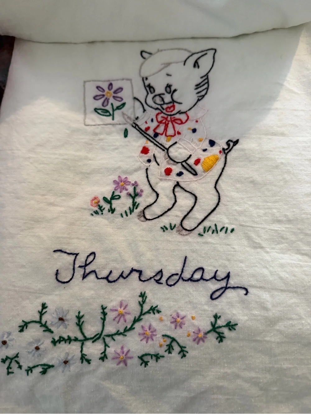 Embroidered Piglet Wheelbarrow Accent - White Fabric